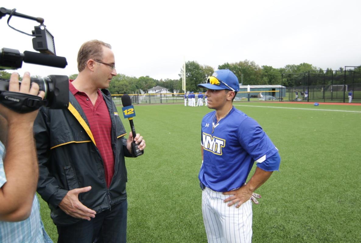 NYIT baseball EJ Cumbo on television.