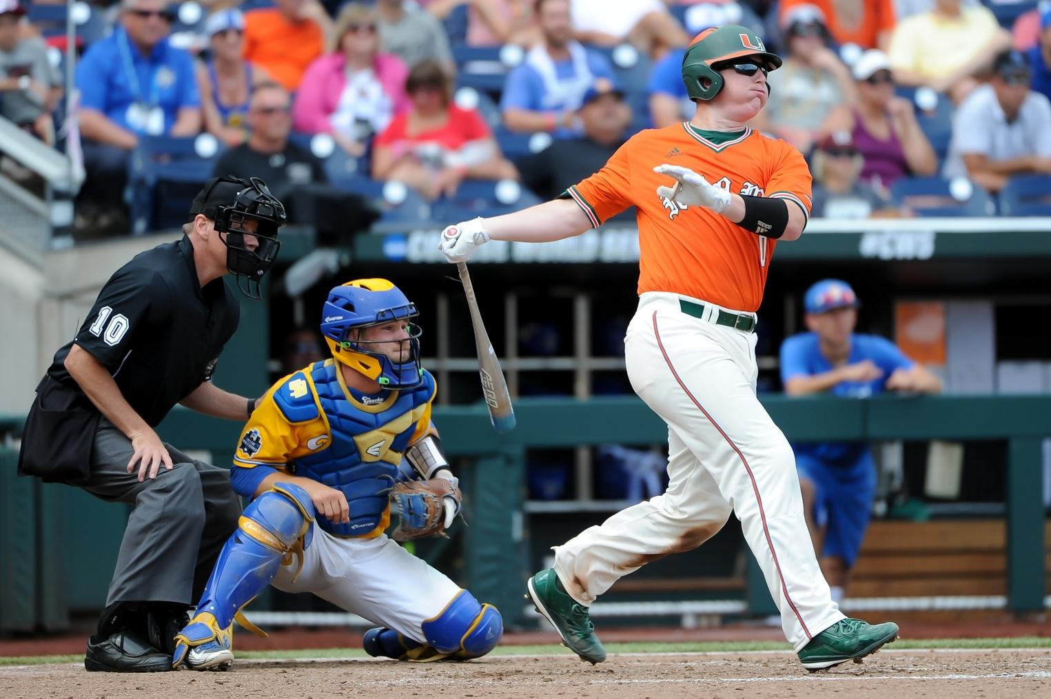 Miami baseball's Zack Collins following through a swing.