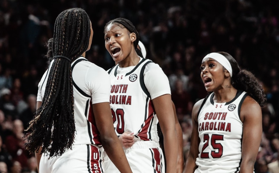 South Carolina celebrates its win over No. 5 Texas