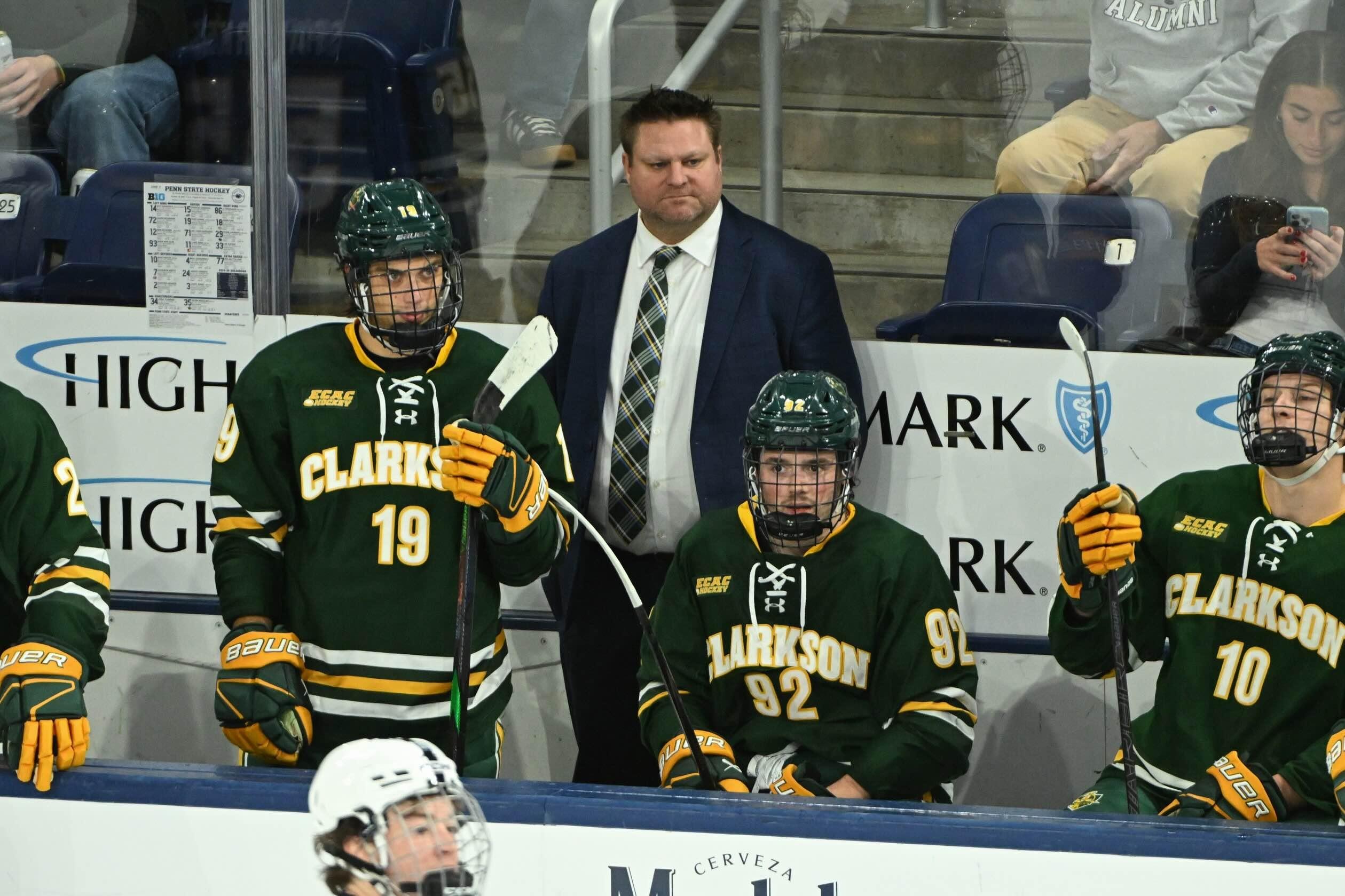Photo of the Clarkson men's hockey bench in a game against Penn State
