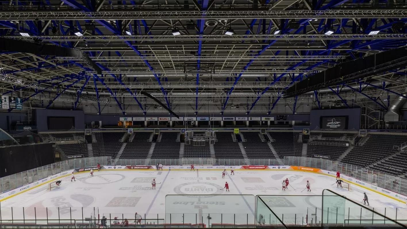 Sacred Heart men's hockey skates in a morning practice in Belfast